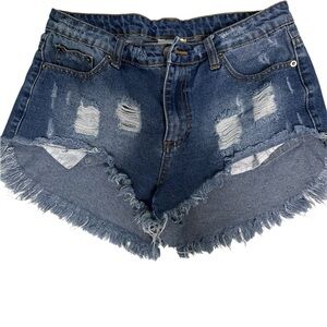 Frayed Hem Blue Denim Shorts